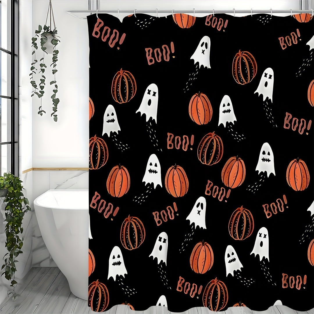1 PIÈCE Ensemble de rideaux de douche imprimé Citrouille Cartoon Halloween, Rideau de douche étanche avec crochets, Décor de salle de bains, Ensemble de rideaux de douche pour salles de bains