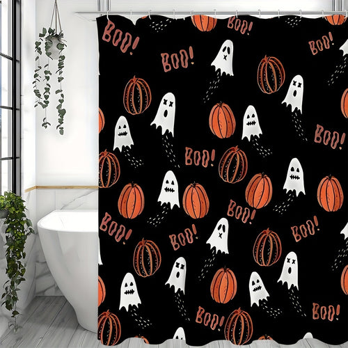 1 PIÈCE Ensemble de rideaux de douche imprimé Citrouille Cartoon Halloween, Rideau de douche étanche avec crochets, Décor de salle de bains, Ensemble de rideaux de douche pour salles de bains