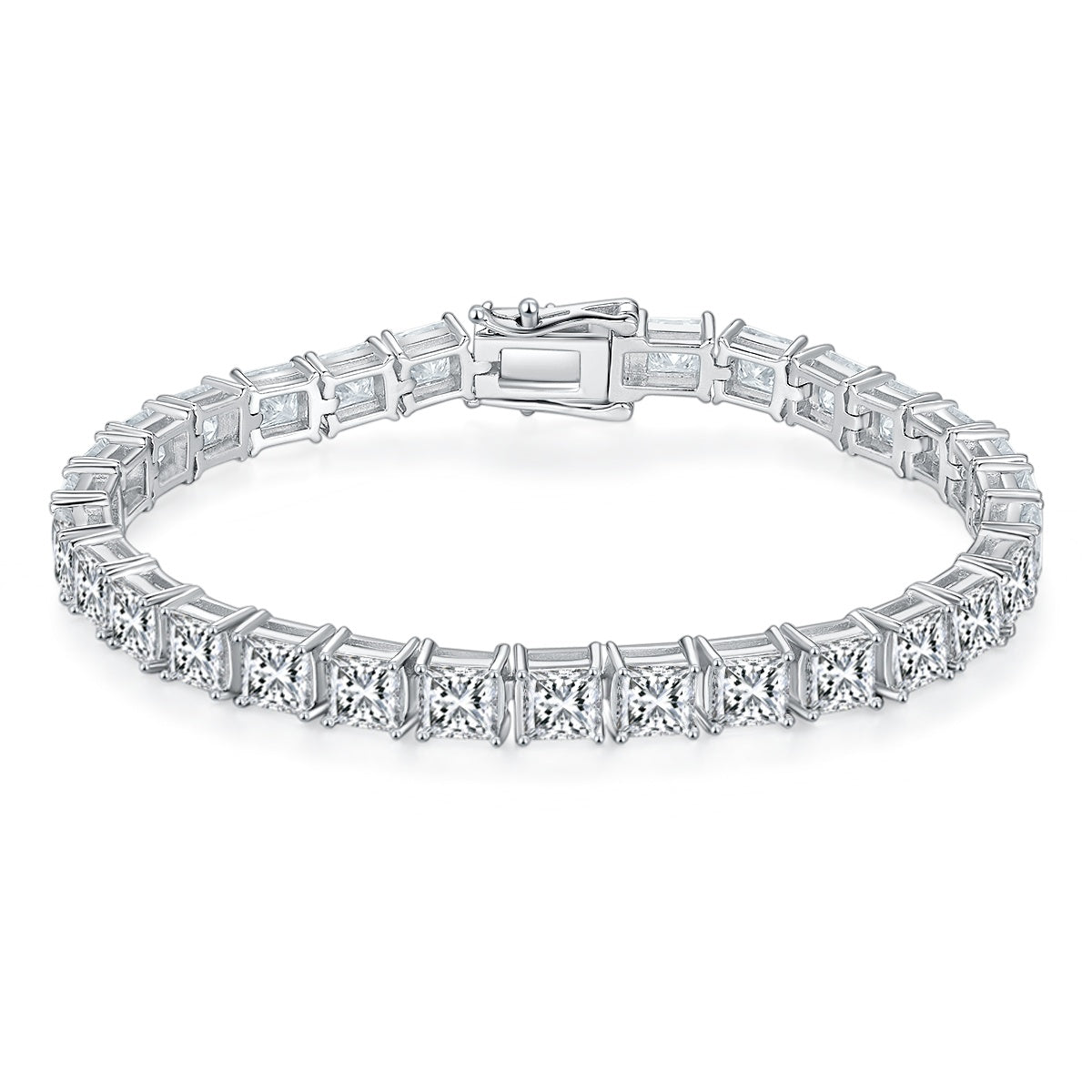 Bracelet Tennis Moissanite Taille Princesse 4,5x4,5 mm Argent Sterling S925, Couleur D VVS1, 16-18-20cm, Plaqué Platine, Certifié GRA, Coffret Cadeau