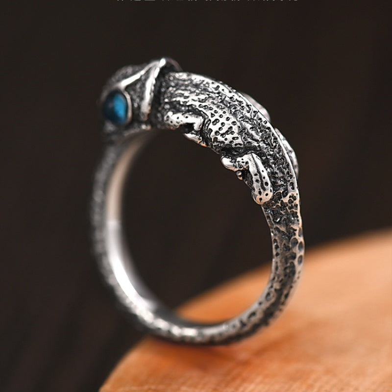 Bague Argentée Rétro en Forme de Caméléon - Anneau Animal Ajustable en Cuivre