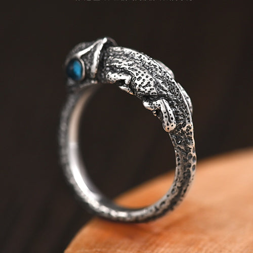 Bague Argentée Rétro en Forme de Caméléon - Anneau Animal Ajustable en Cuivre