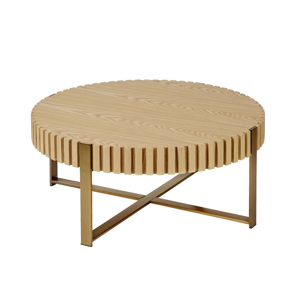 Modern Handcraft Drum Coffee Table 31.5 Inch Round Coffee Table For Living Room,Small Coffee Table With Sturdy Pedestal,Natural Ash