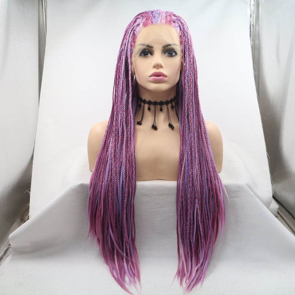 Fashionable Chemical Fiber Wig Female Deep Light Purple Long Straight Hair Small Braid High Temperature Silk Headgear - IVOIRART.COM
