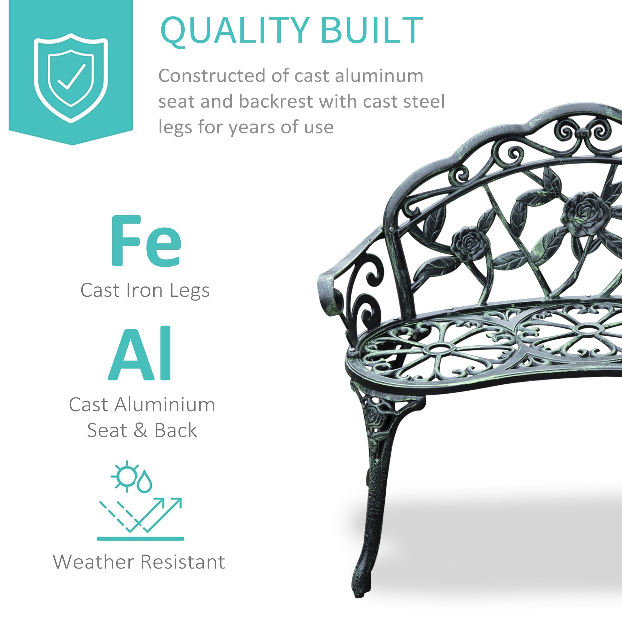 Outdoor Bench, Cast Aluminum Outdoor Furniture, Metal Bench with Floral Rose Accent & Antique Finish, Green