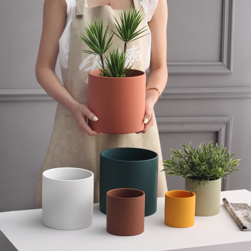 Pot de Fleurs Cylindrique Coloré en Céramique Style Industriel Nordique avec Trou et Plateau