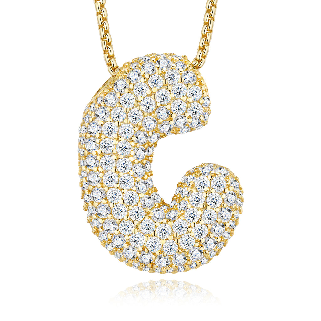 Collier Initiale Bulle Plaqué Or S925 12,13g pour Femme, Pendentif Moissanite D Couleur VVS1 avec Certificat GRA, Coffret Personnalisé Solide A-Z