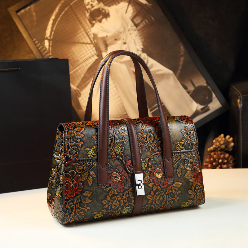 Grand sac à main vintage en cuir embossé avec grande capacité de rangement
