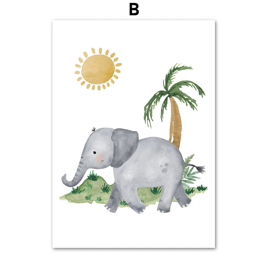 Toile Murale Animaux de la Jungle Lion Éléphant Girafe