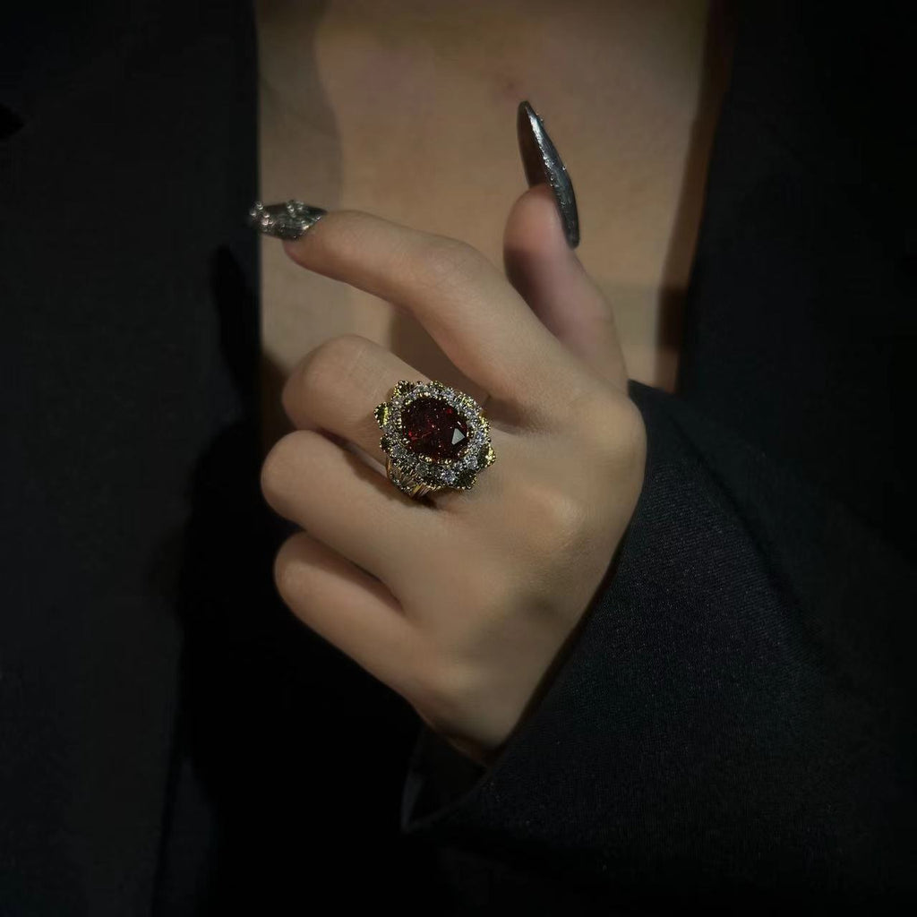 Bague Fleur en Pierre Haut de Gamme, Pièce de Déclaration de Luxe, Bague Ajustable Ouverte en Cuivre Électroplacé Bicolore