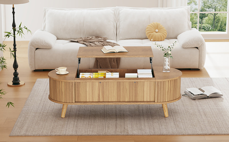 Table basse ovale relevable avec rangement dissimulé, table centrale, table d'appoint relevable pour canapé, table d'appoint gain de place pour salon, chambre, réception, table à thé, 120 x 50 x 39,5 cm, bois naturel