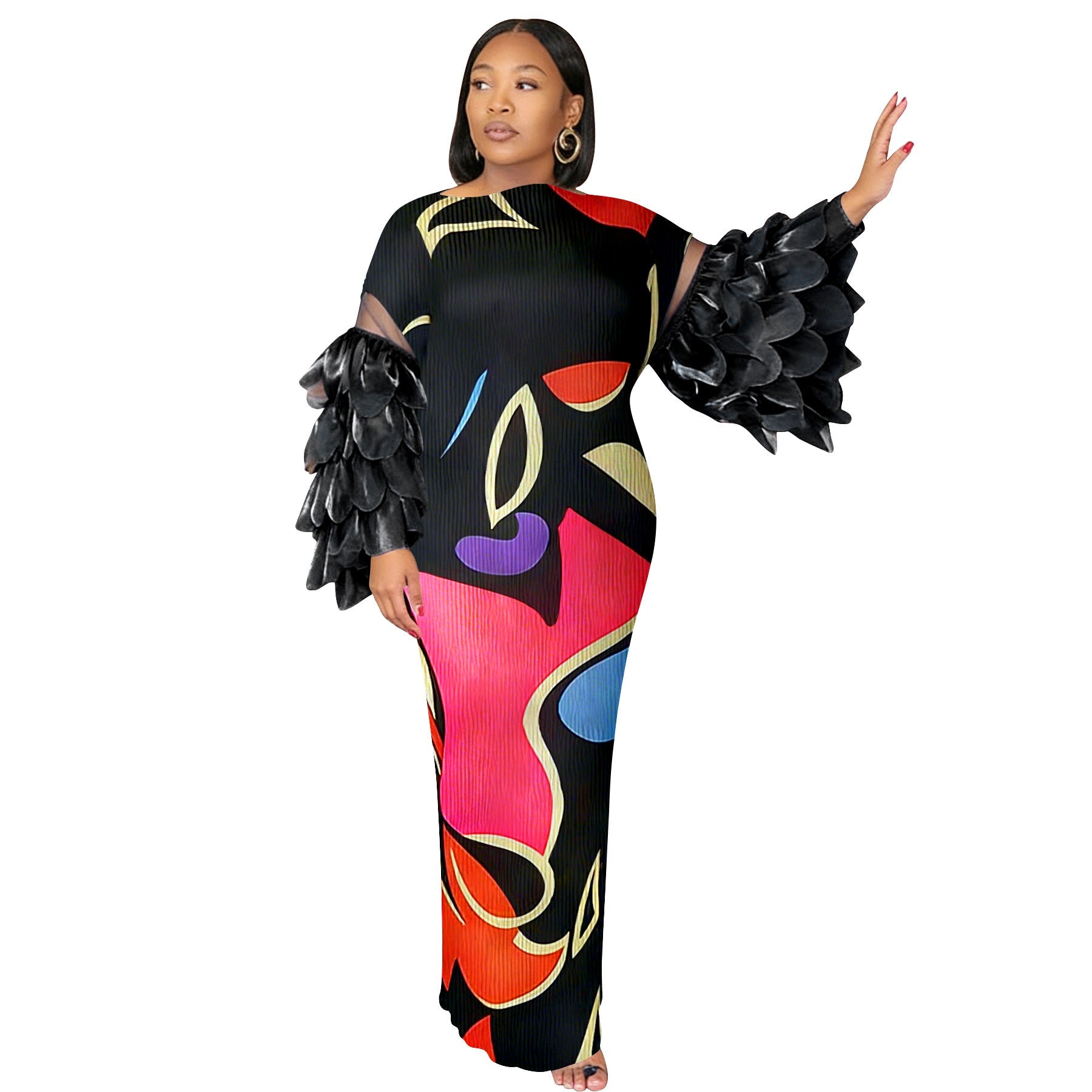 Feather-Panelled Miyake Pleats Fashionable Printed Dress - IVOIRART.COM