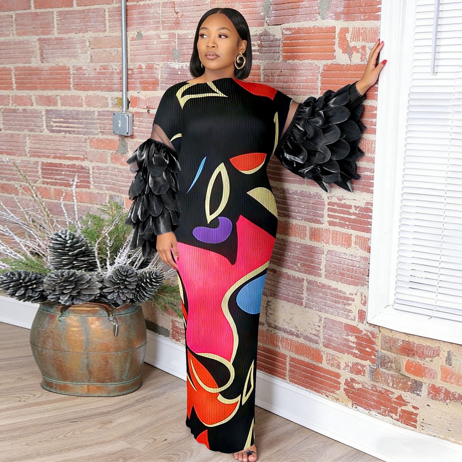 Feather-Panelled Miyake Pleats Fashionable Printed Dress - IVOIRART.COM