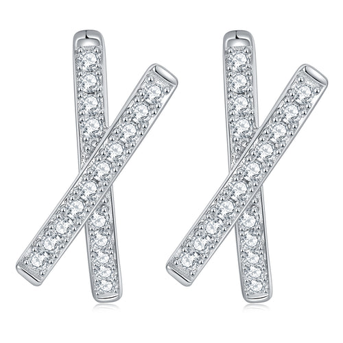 Boucles d'oreilles créoles croix moissanite argent S925 plaqué platine serties GRA