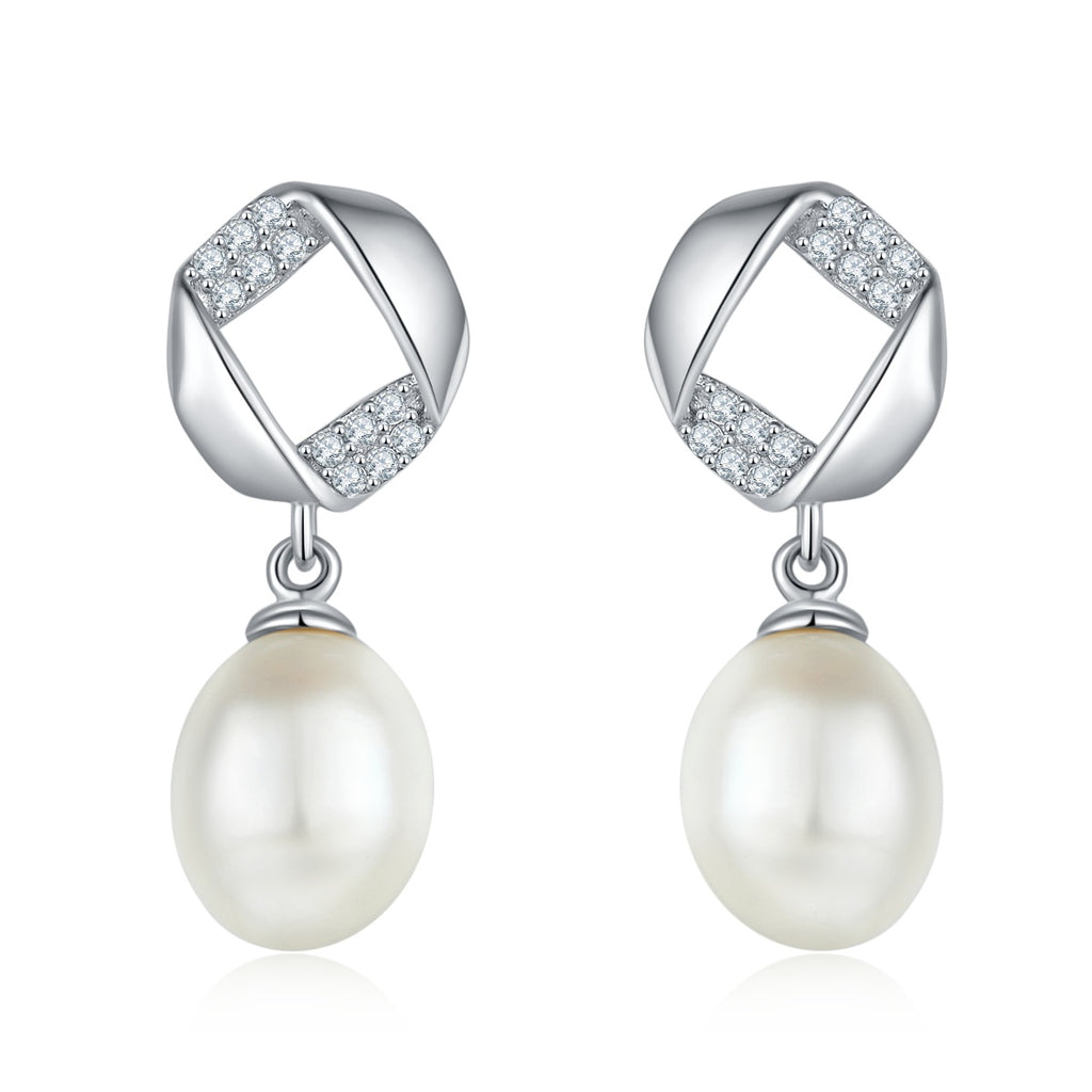 Boucles d'oreilles pendantes en argent sterling S925, perles d'eau douce naturelles, design géométrique pavé, perle goutte, plaqué platine, 1,4 g, coffret cadeau