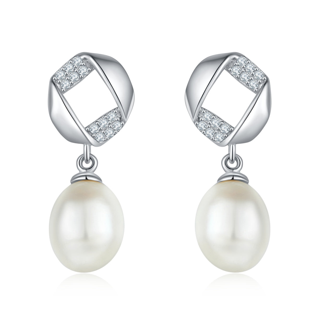 Boucles d'oreilles pendantes en argent sterling S925, perles d'eau douce naturelles, design géométrique pavé, perle goutte, plaqué platine, 1,4 g, coffret cadeau