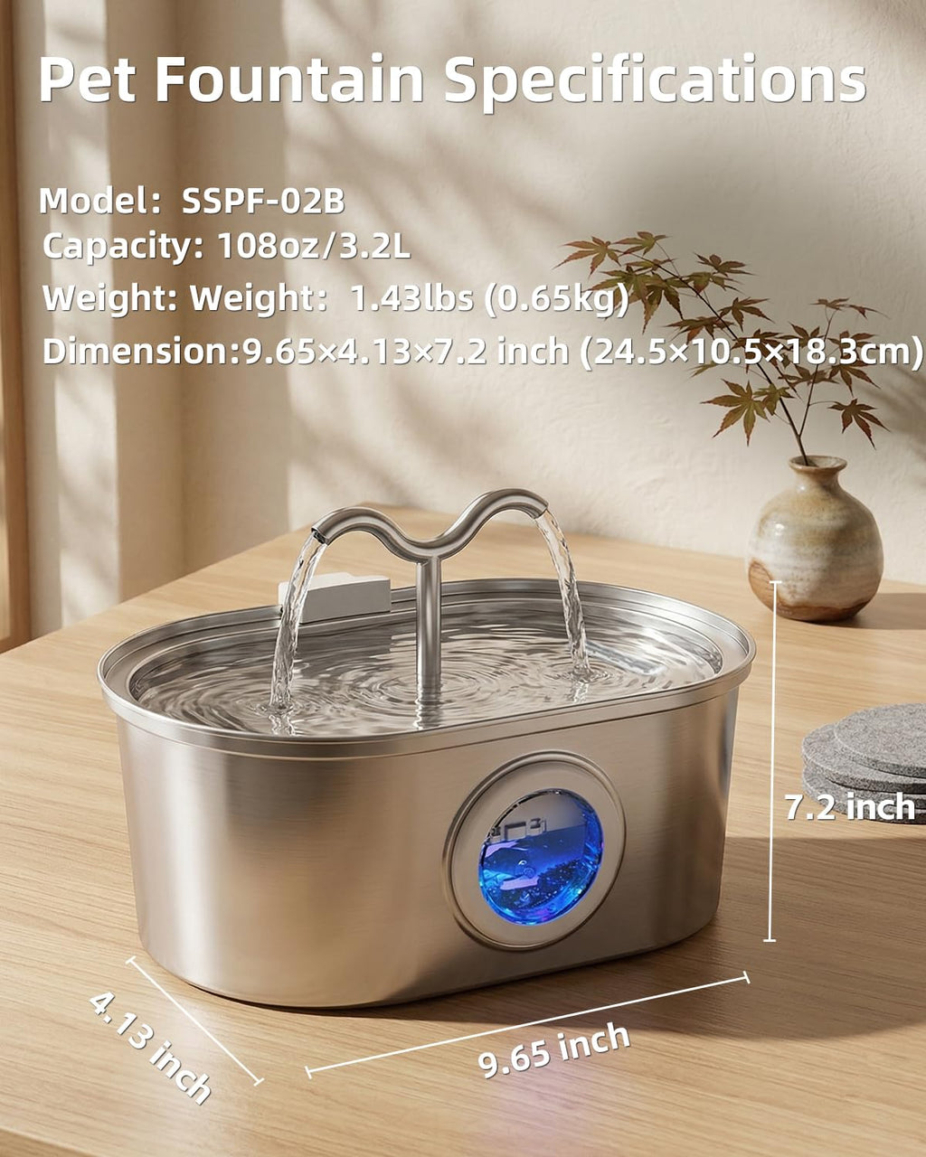 Fontaine à eau automatique en acier inoxydable 3,2L pour chats, double jet ultra - silencieuse - IVOIRART.COM