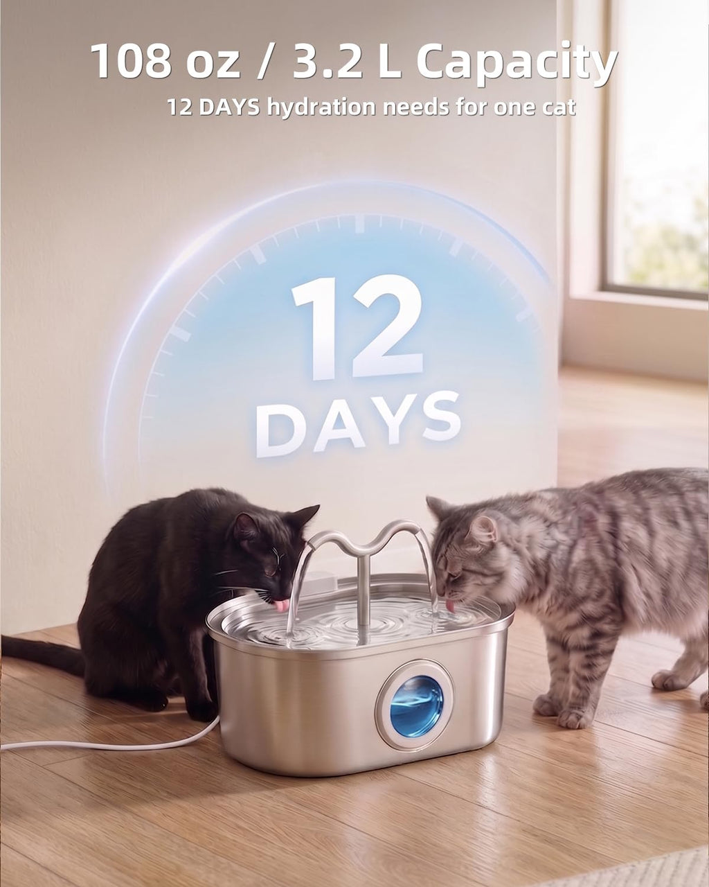 Fontaine à eau automatique en acier inoxydable 3,2L pour chats, double jet ultra - silencieuse - IVOIRART.COM