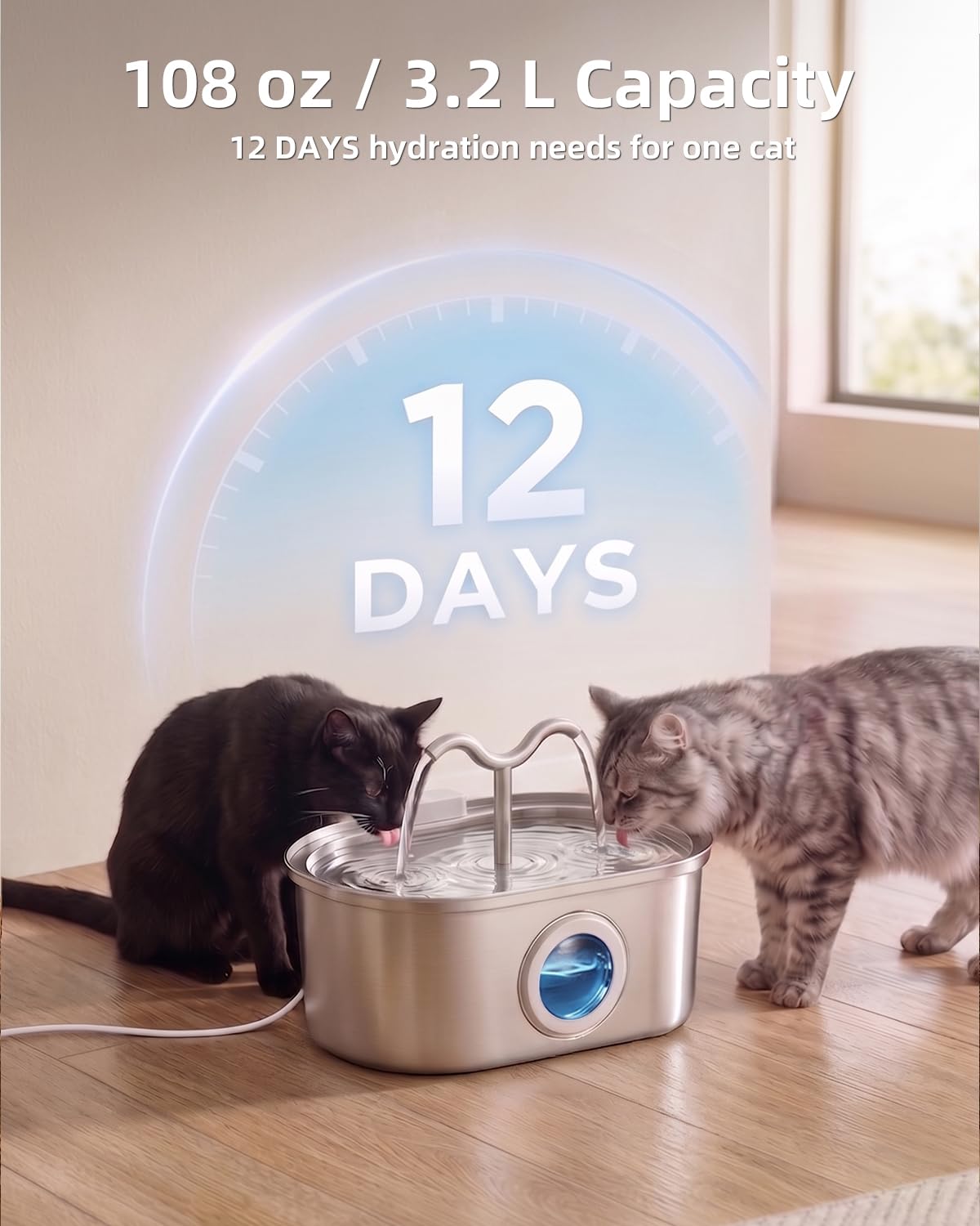 Fontaine à eau automatique en acier inoxydable 3,2L pour chats, double jet ultra - silencieuse - IVOIRART.COM