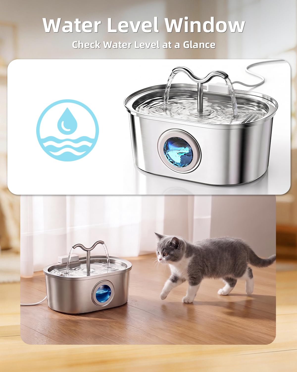 Fontaine à eau automatique en acier inoxydable 3,2L pour chats, double jet ultra - silencieuse - IVOIRART.COM
