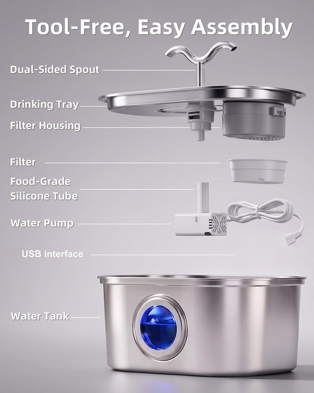 Fontaine à eau automatique en acier inoxydable 3,2L pour chats, double jet ultra - silencieuse - IVOIRART.COM