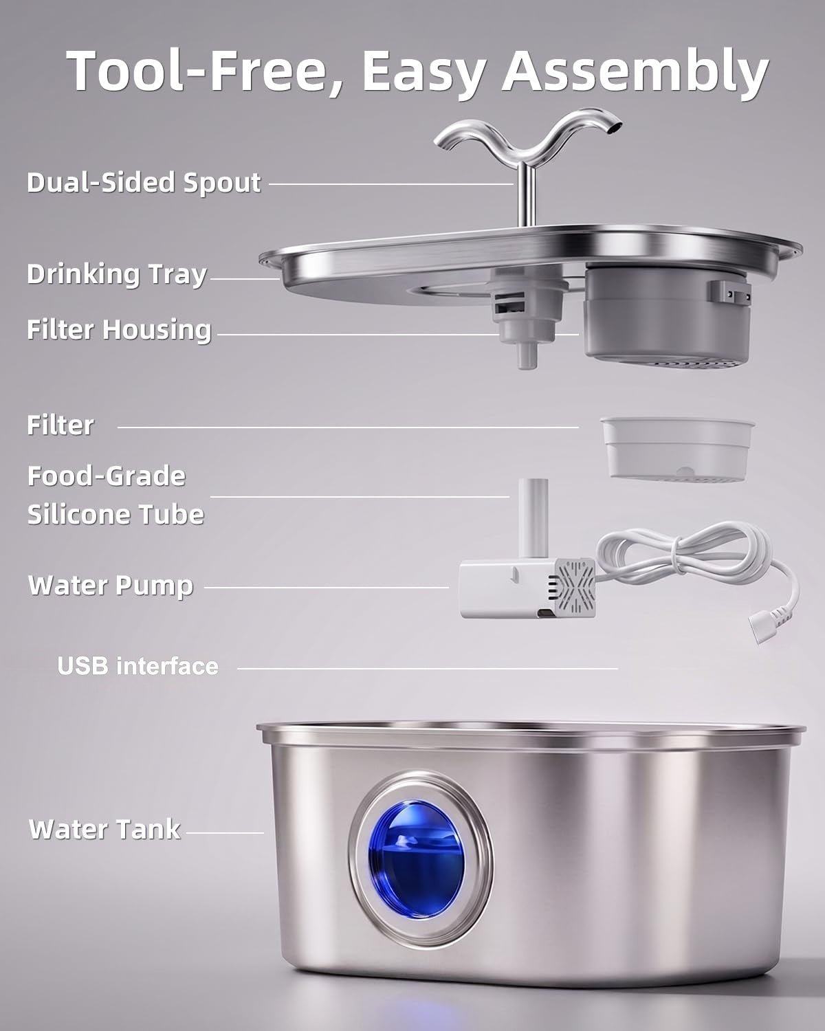 Fontaine à eau automatique en acier inoxydable 3,2L pour chats, double jet ultra - silencieuse - IVOIRART.COM