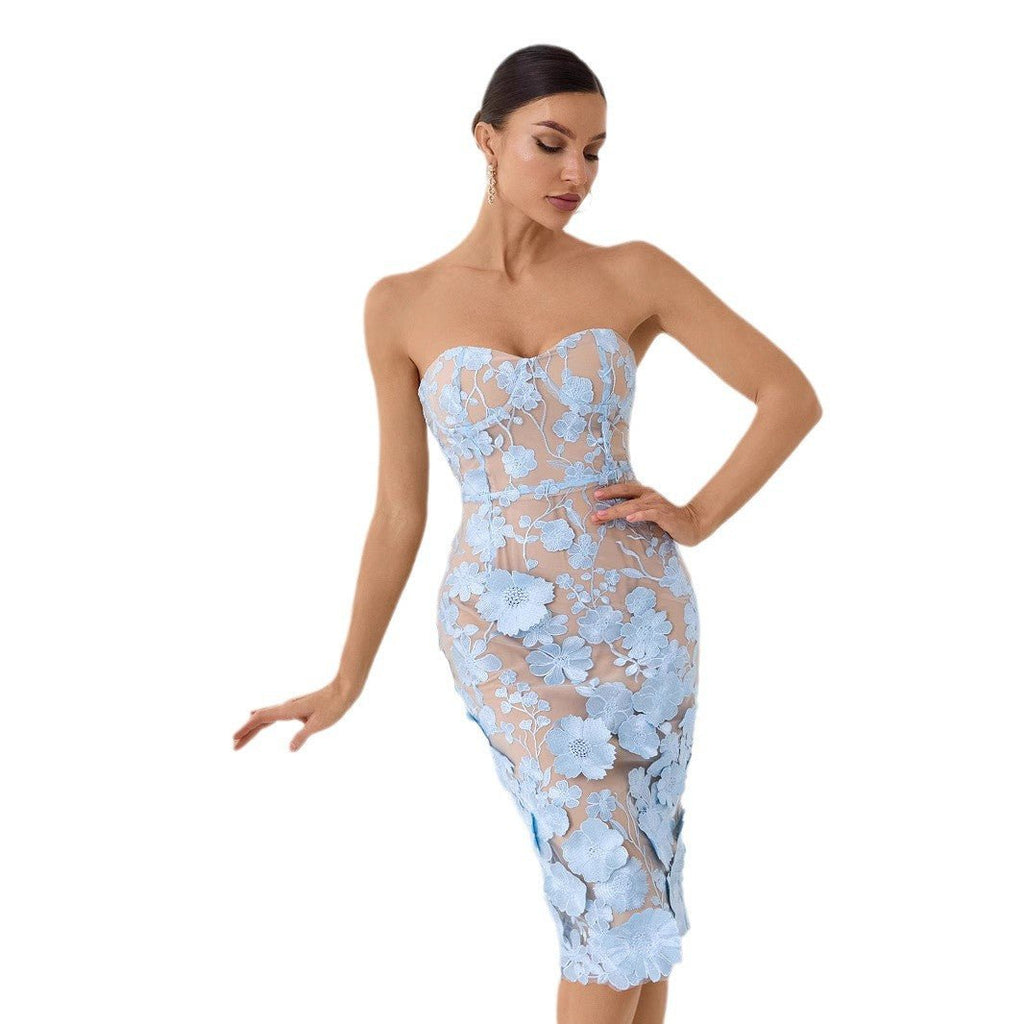 French Embroidery Flower Tube Top Dress Women - IVOIRART.COM