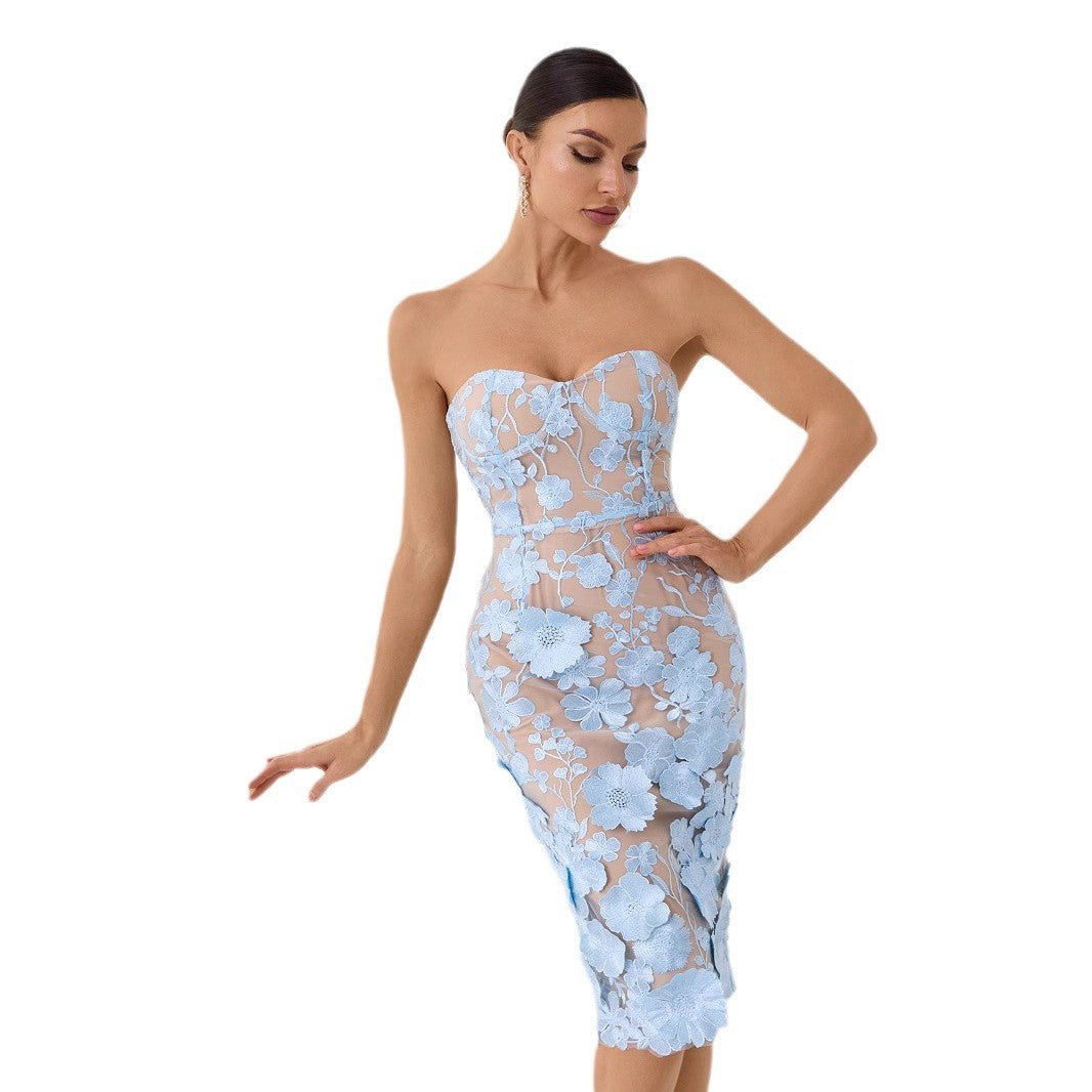 French Embroidery Flower Tube Top Dress Women - IVOIRART.COM