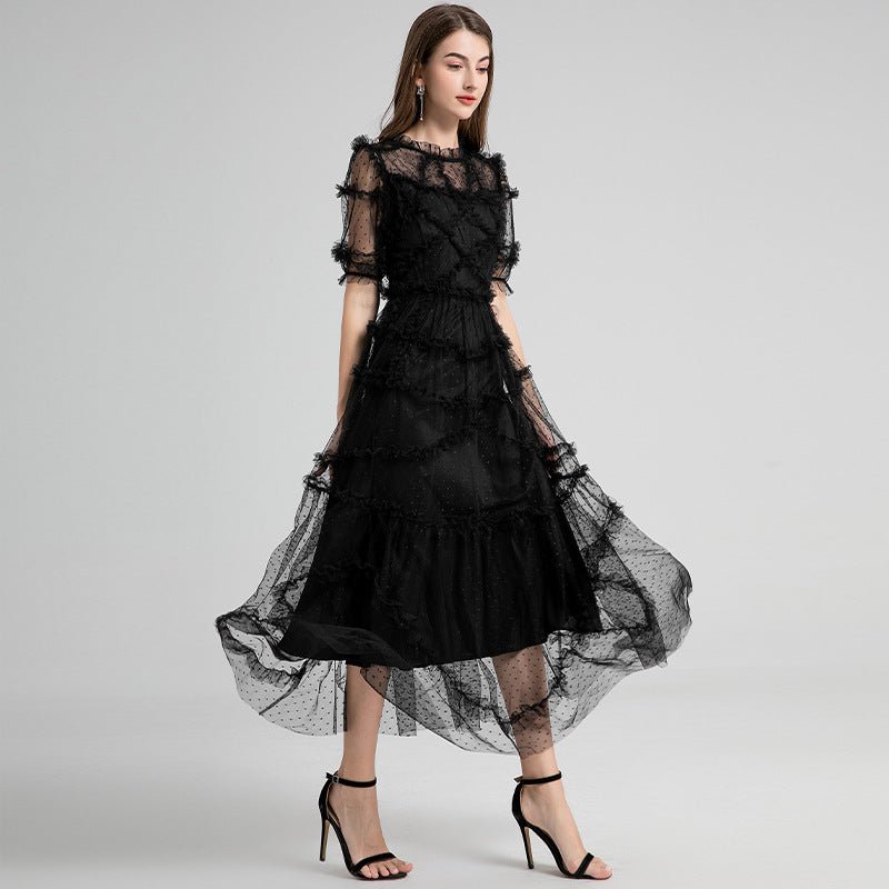 French Heavy Industry Retro Round Neck Short Sleeves Polka Dot Wooden Ear Swing Dress - IVOIRART.COM
