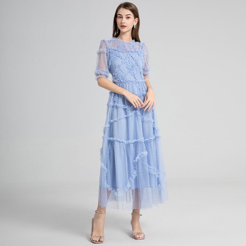 French Heavy Industry Retro Round Neck Short Sleeves Polka Dot Wooden Ear Swing Dress - IVOIRART.COM