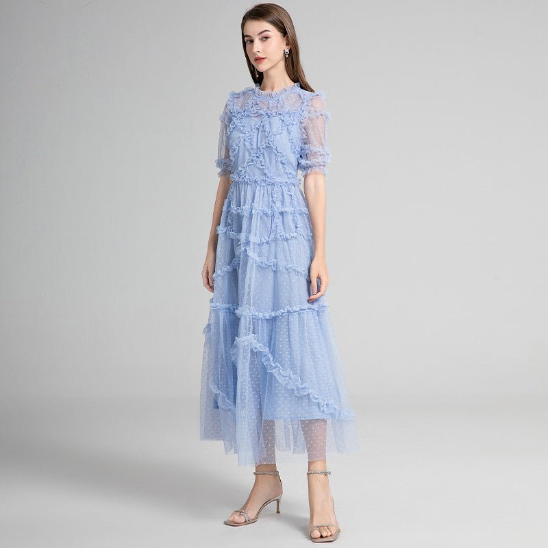French Heavy Industry Retro Round Neck Short Sleeves Polka Dot Wooden Ear Swing Dress - IVOIRART.COM