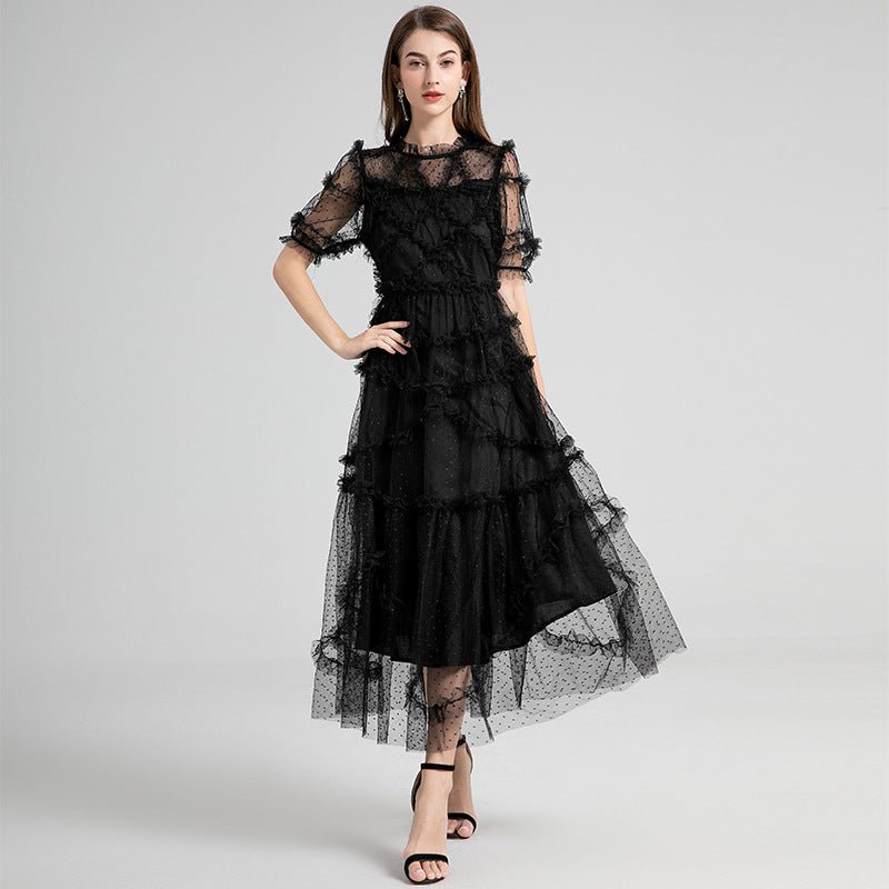 French Heavy Industry Retro Round Neck Short Sleeves Polka Dot Wooden Ear Swing Dress - IVOIRART.COM