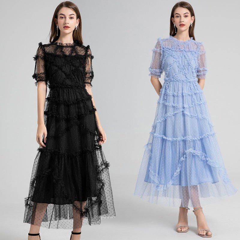 French Heavy Industry Retro Round Neck Short Sleeves Polka Dot Wooden Ear Swing Dress - IVOIRART.COM