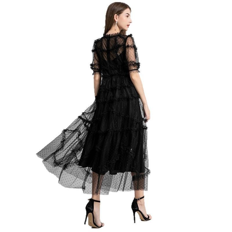 French Heavy Industry Retro Round Neck Short Sleeves Polka Dot Wooden Ear Swing Dress - IVOIRART.COM