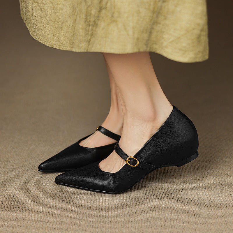 French Retro Sheepskin Pointed Toe Pumps Women's Shallow Mouth - IVOIRART.COM