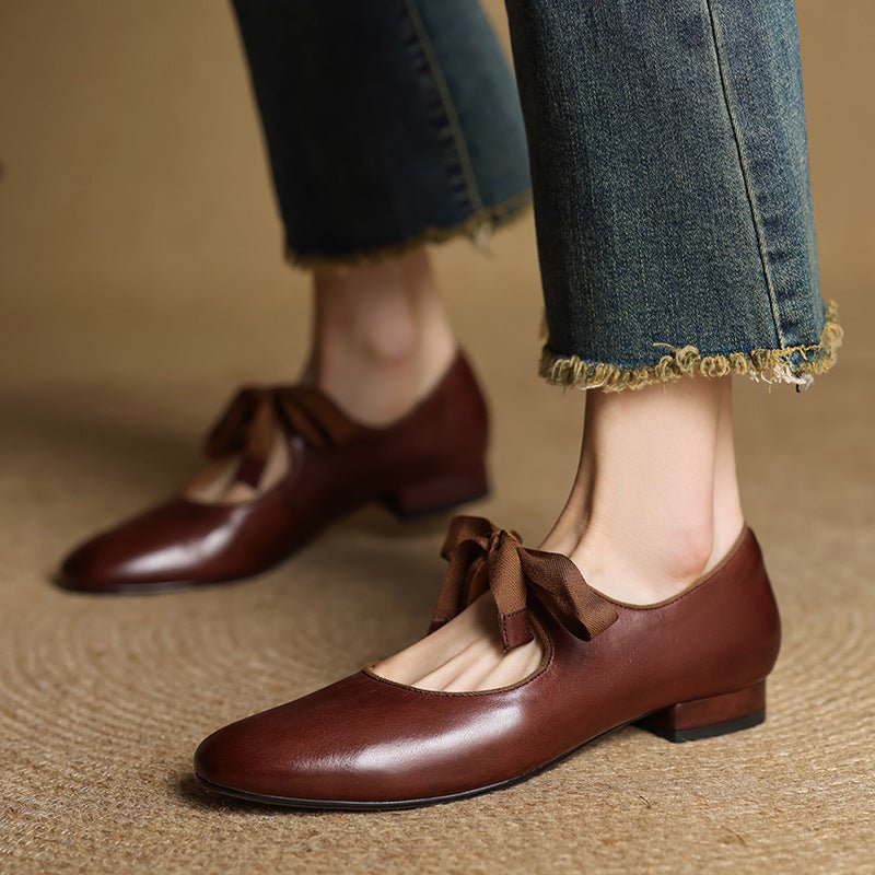 French-style Vintage Low-heeled Leather Shoes For Women Round Toe Low Cut - IVOIRART.COM