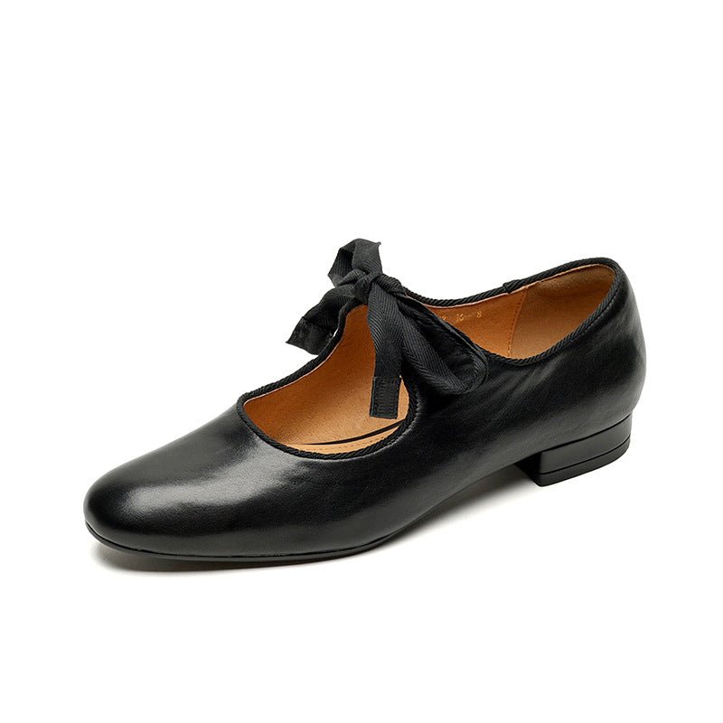 French-style Vintage Low-heeled Leather Shoes For Women Round Toe Low Cut - IVOIRART.COM