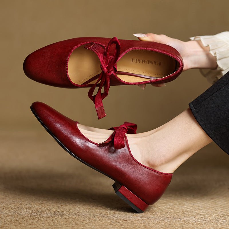 French-style Vintage Low-heeled Leather Shoes For Women Round Toe Low Cut - IVOIRART.COM