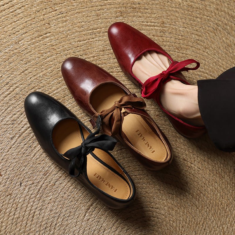 French-style Vintage Low-heeled Leather Shoes For Women Round Toe Low Cut - IVOIRART.COM