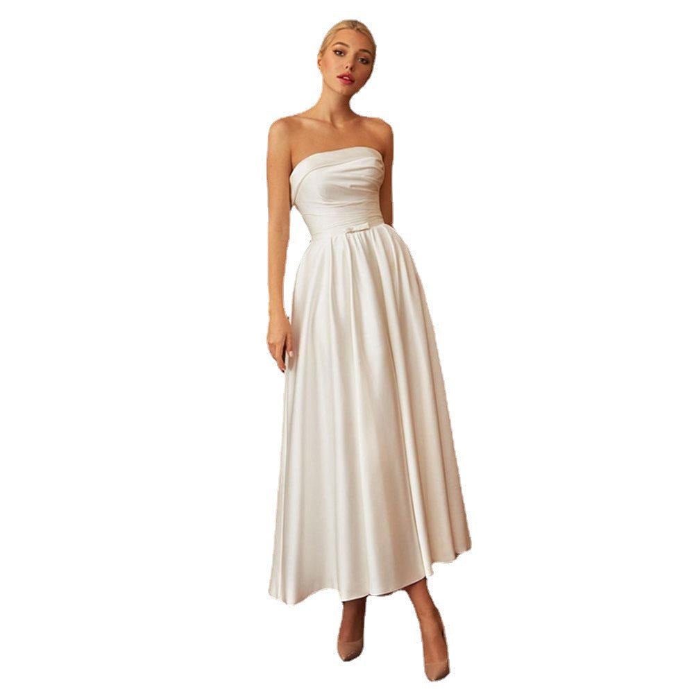 French Tube Top Light Wedding Dress Satin Bridal Evening Gown - IVOIRART.COM