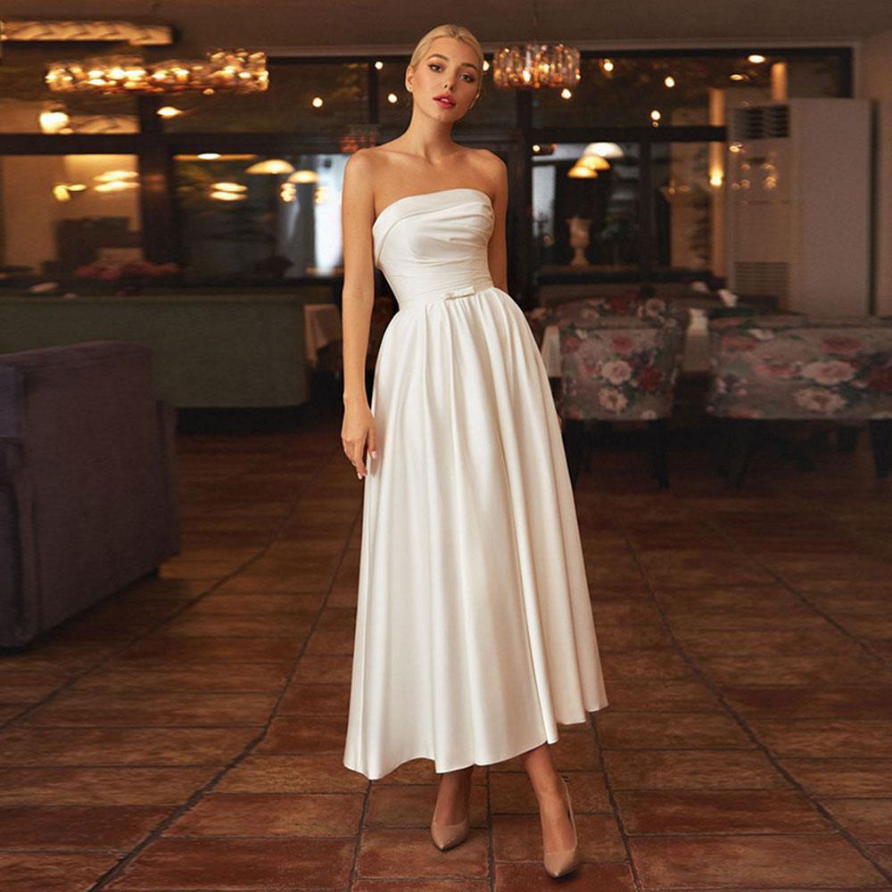 French Tube Top Light Wedding Dress Satin Bridal Evening Gown - IVOIRART.COM