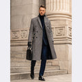 Full Wool Suit Collar Medium Length Double Breasted Checked Overcoat - IVOIRART.COM