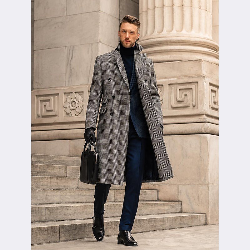 Full Wool Suit Collar Medium Length Double Breasted Checked Overcoat - IVOIRART.COM
