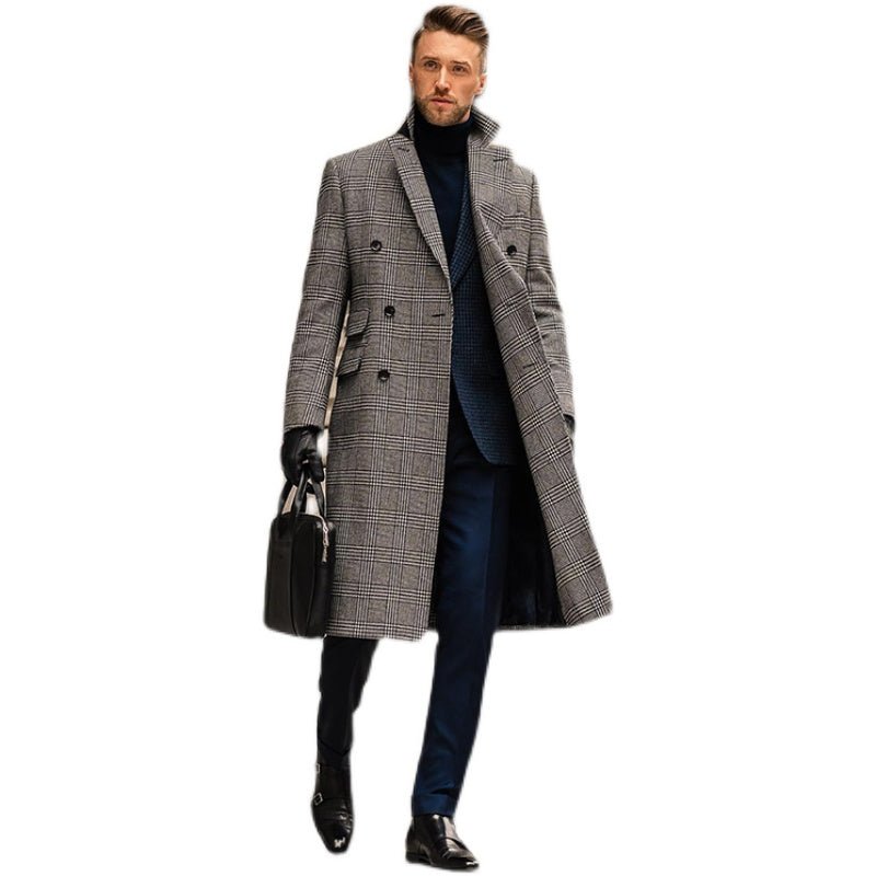 Full Wool Suit Collar Medium Length Double Breasted Checked Overcoat - IVOIRART.COM