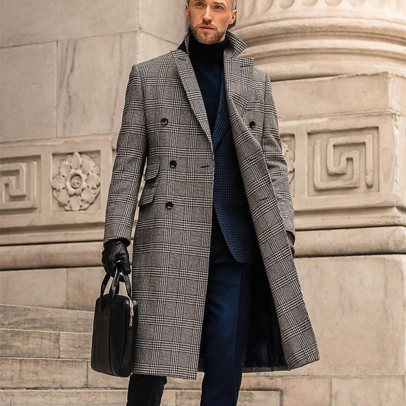 Full Wool Suit Collar Medium Length Double Breasted Checked Overcoat - IVOIRART.COM