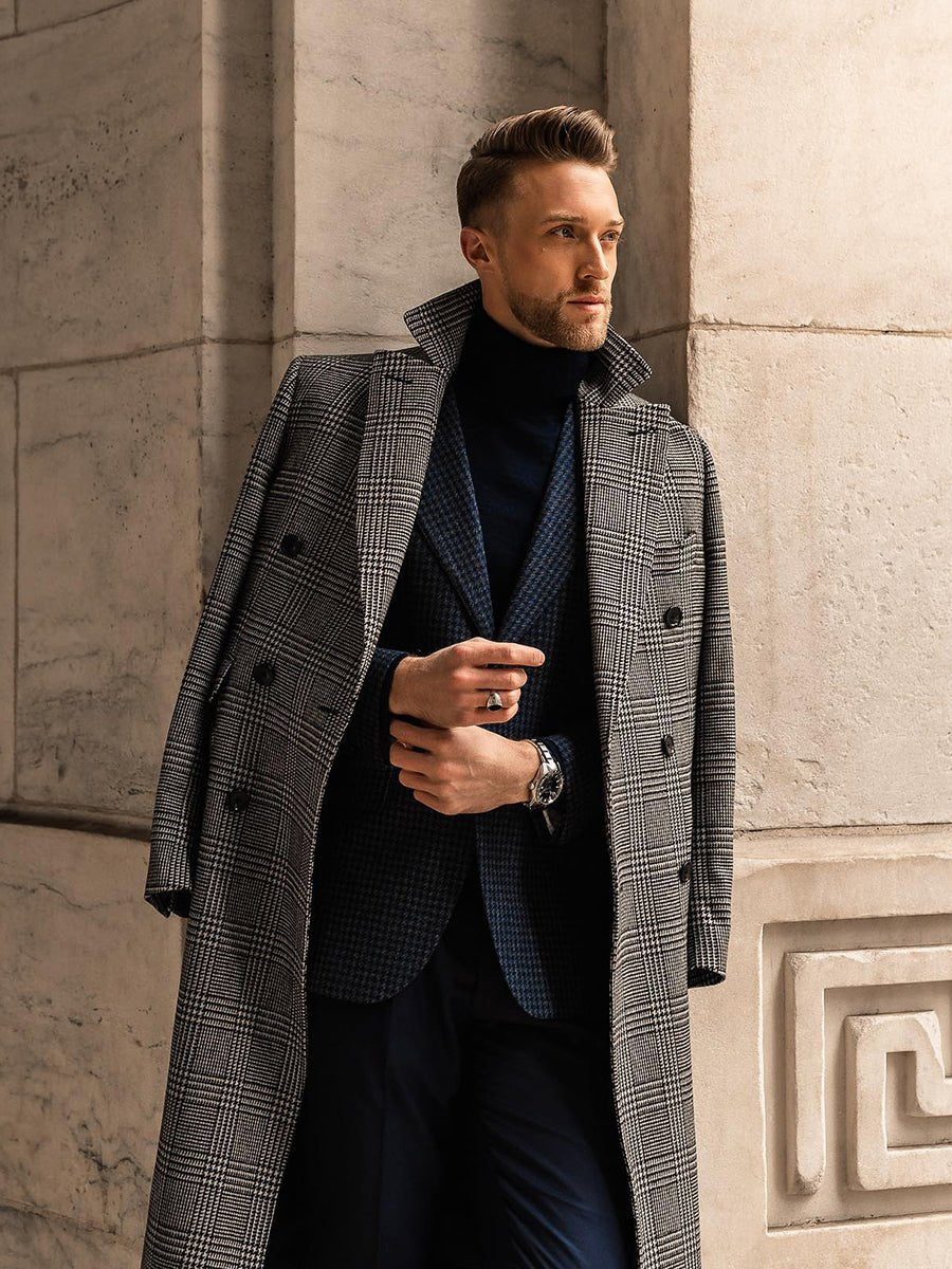 Full Wool Suit Collar Medium Length Double Breasted Checked Overcoat - IVOIRART.COM
