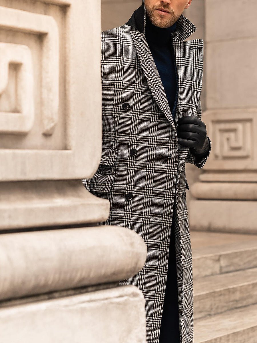 Full Wool Suit Collar Medium Length Double Breasted Checked Overcoat - IVOIRART.COM