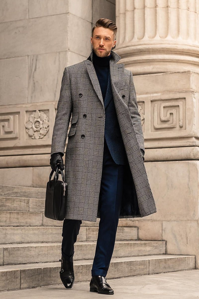 Full Wool Suit Collar Medium Length Double Breasted Checked Overcoat - IVOIRART.COM