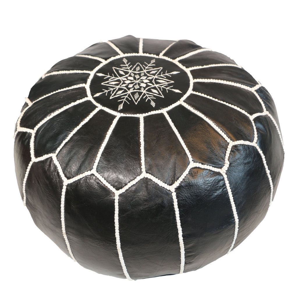 Futon en peau de mouton brodé main en cuir marocain Pier, motif cercle tradition - IVOIRART.COM