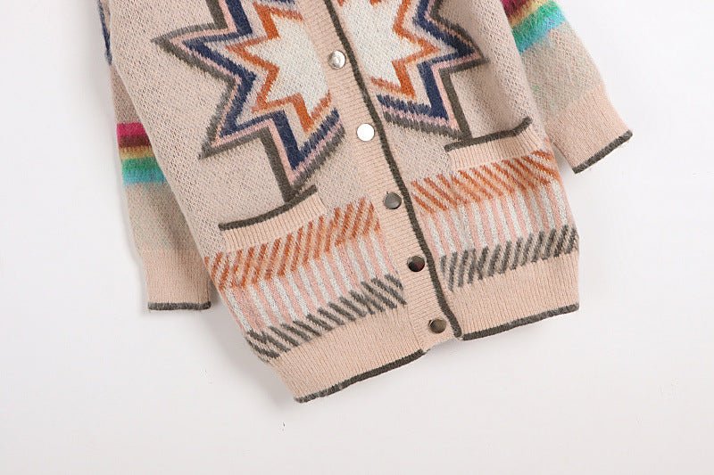 Geometric Diamond Mohair Cardigan ample tricoté contraste couleur rétro féminine - IVOIRART.COM