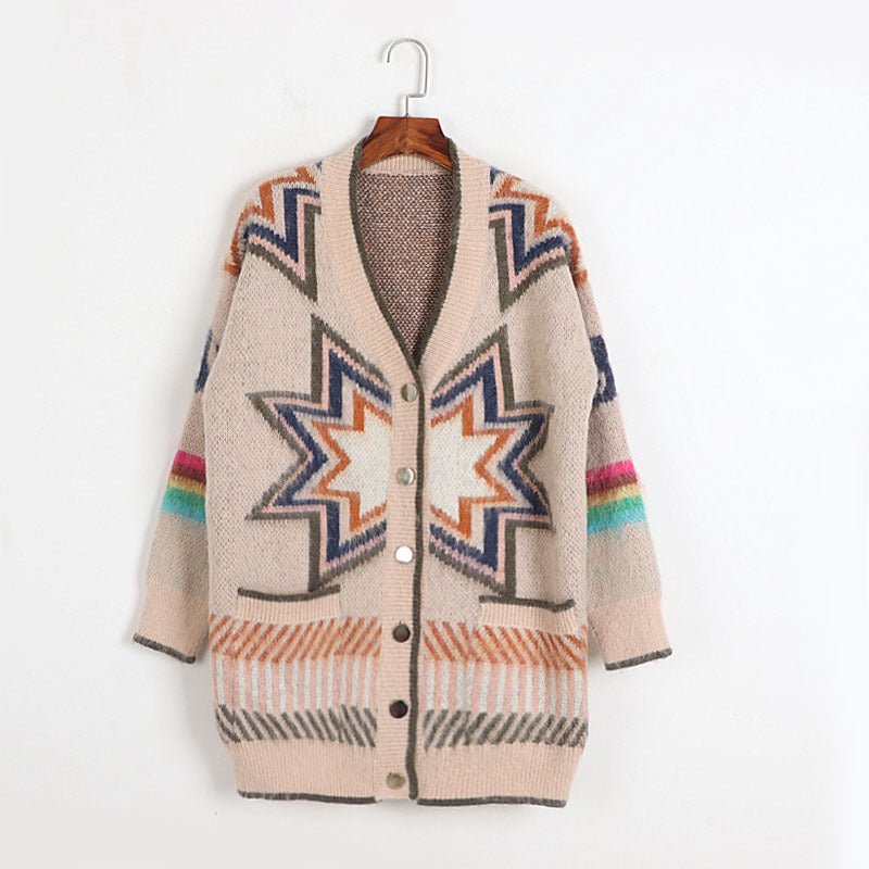 Geometric Diamond Mohair Cardigan ample tricoté contraste couleur rétro féminine - IVOIRART.COM